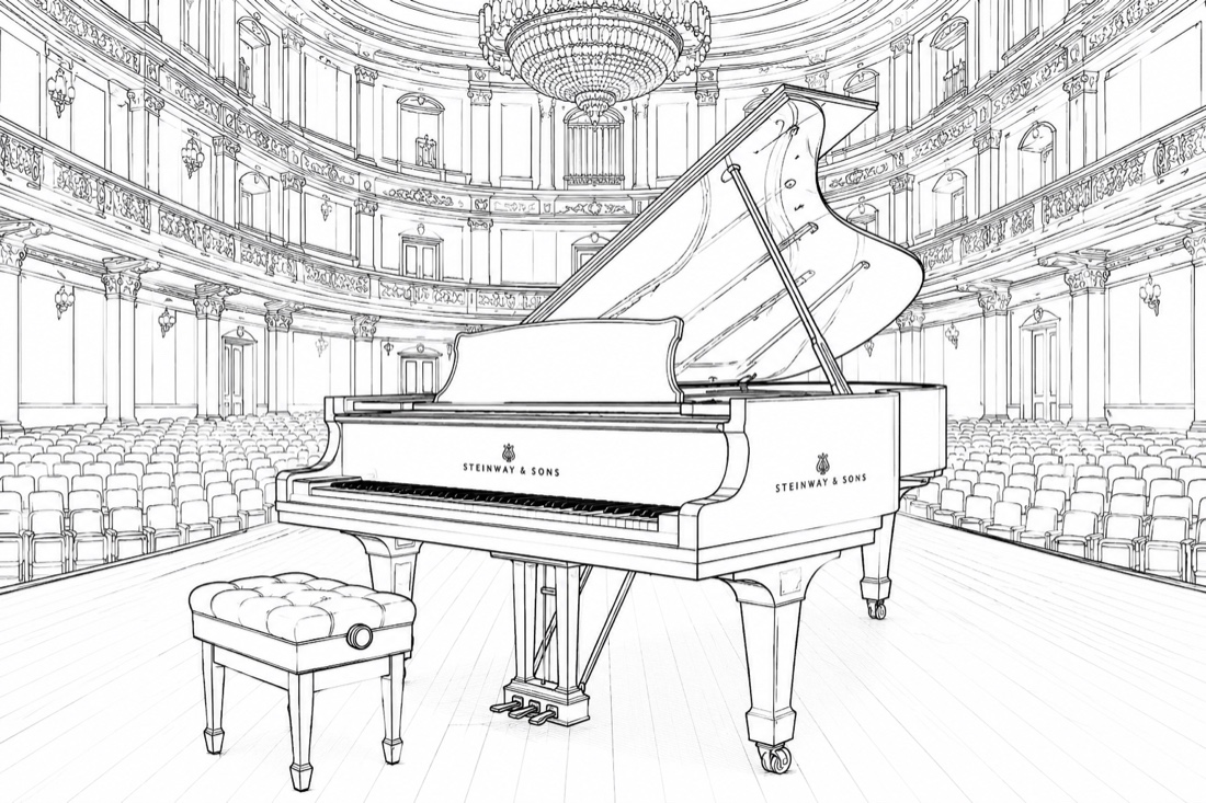 Line illustration of a grand piano on a concert hall stage